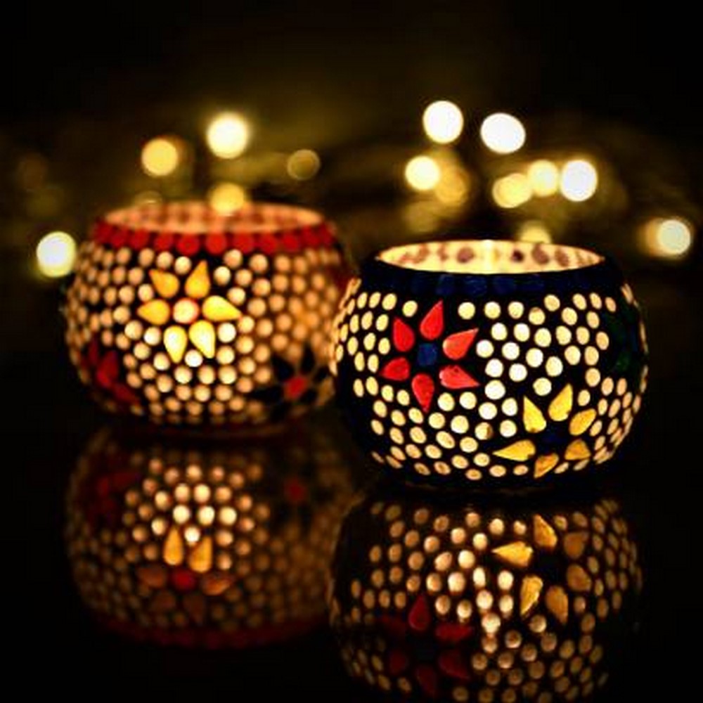 Tea Light Holder Set of 2 Mosaic Glass Decorative