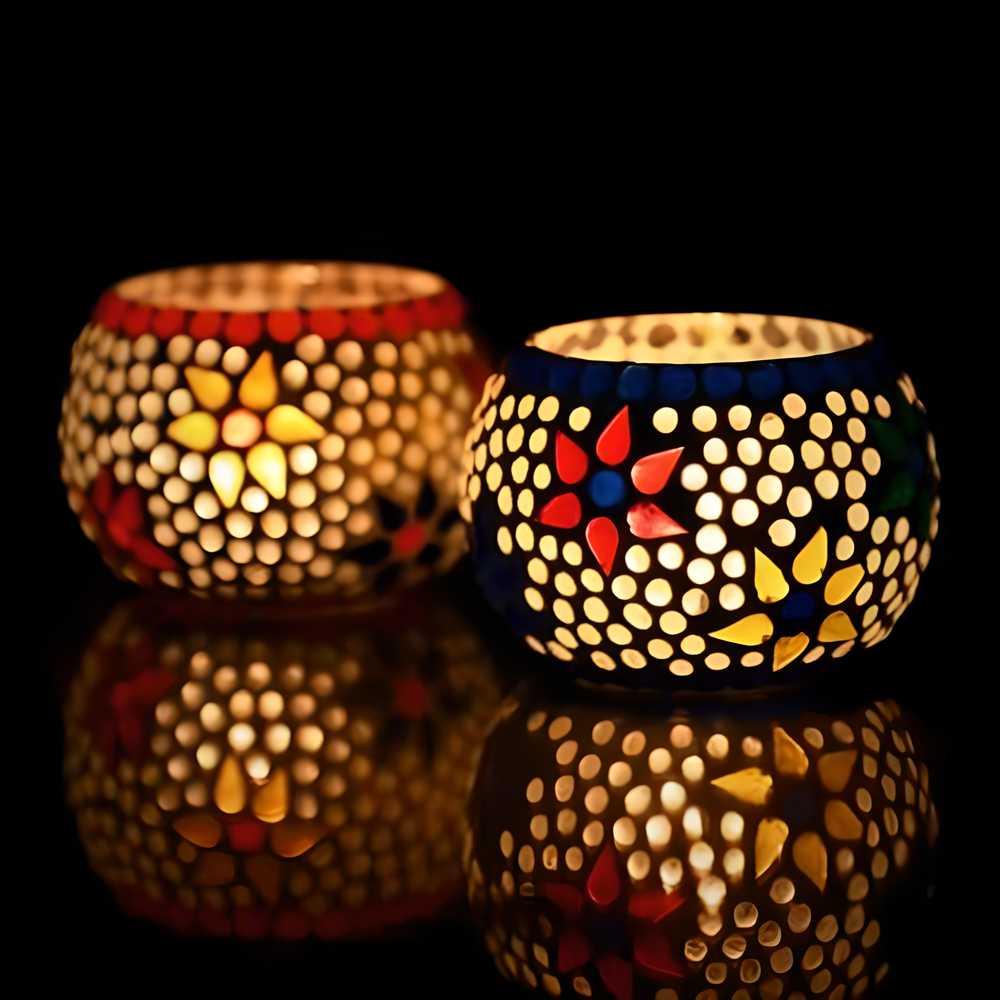 Tea Light Holder Set of 2 Mosaic Glass Decorative